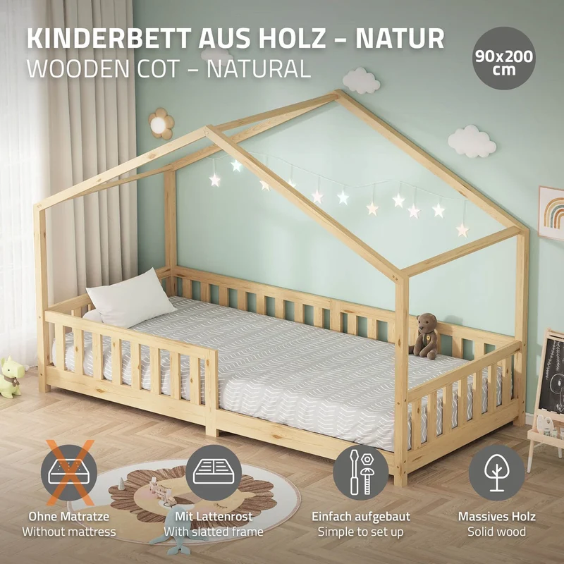 B-Ware Kinderbett Hausbett 90x200 cm Natur aus Kiefernholz Holzbett mit Rausfallschutz und Lattenrost ML-Design