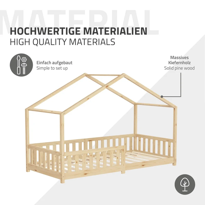 B-Ware Kinderbett Hausbett 90x200 cm Natur aus Kiefernholz Holzbett mit Rausfallschutz und Lattenrost ML-Design