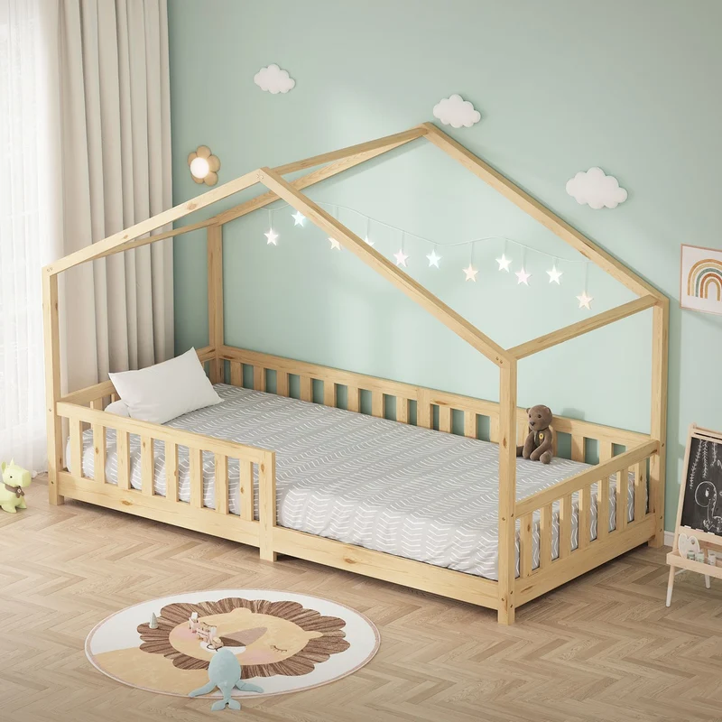 B-Ware Kinderbett Hausbett 90x200 cm Natur aus Kiefernholz Holzbett mit Rausfallschutz und Lattenrost ML-Design