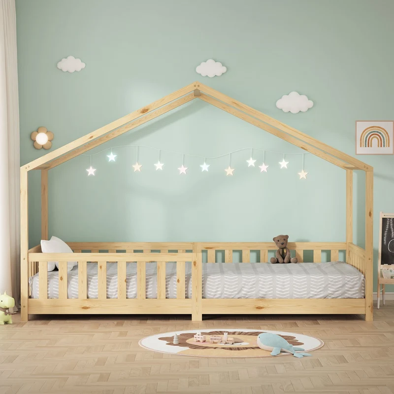 B-Ware Kinderbett Hausbett 90x200 cm Natur aus Kiefernholz Holzbett mit Rausfallschutz und Lattenrost ML-Design