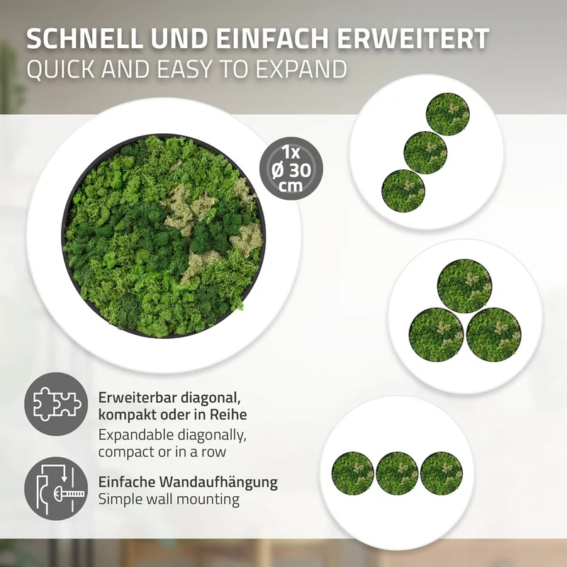 ECD GERMANY | Moosbild mit echtem Islandmoos, Rund, Ø 30 cm, Grün, Mooswand Indoor, Wanddeko mit Holzrahmen, Wandbild, Moos Deko für Haus & Büro