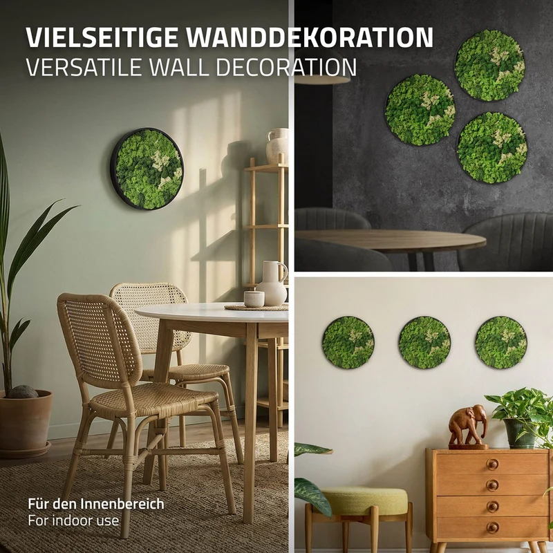 ECD GERMANY | Moosbild mit echtem Islandmoos, Rund, Ø 30 cm, Grün, Mooswand Indoor, Wanddeko mit Holzrahmen, Wandbild, Moos Deko für Haus & Büro