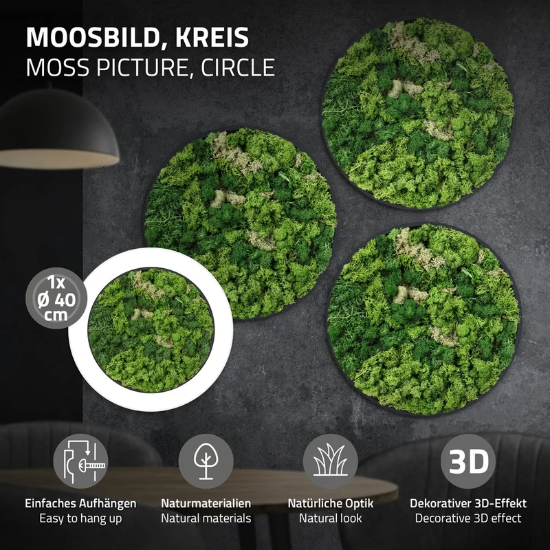 ECD GERMANY | Moosbild mit echtem Islandmoos, Rund, Ø 40 cm, Grün, Mooswand Indoor, Wanddeko mit Holzrahmen, Wandbild, Moos Deko für Haus & Büro