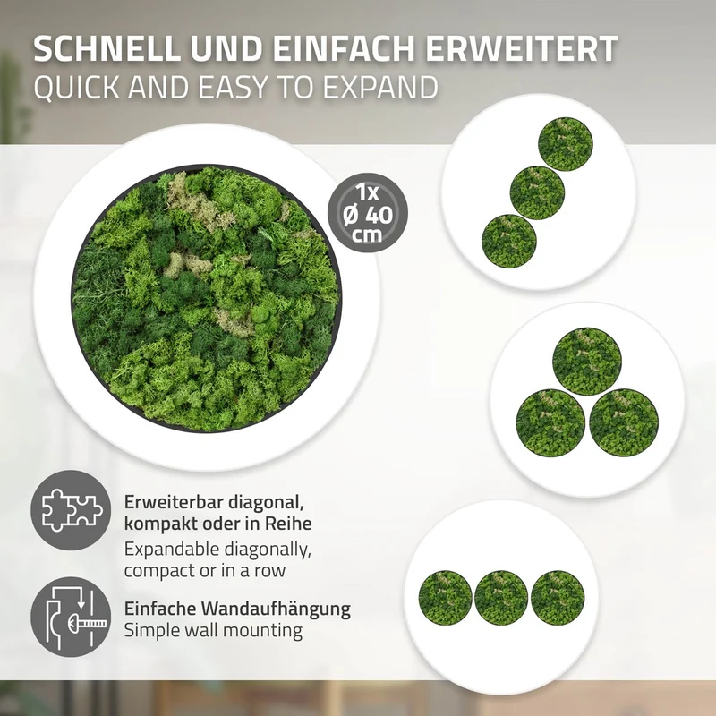 ECD GERMANY | Moosbild mit echtem Islandmoos, Rund, Ø 40 cm, Grün, Mooswand Indoor, Wanddeko mit Holzrahmen, Wandbild, Moos Deko für Haus & Büro