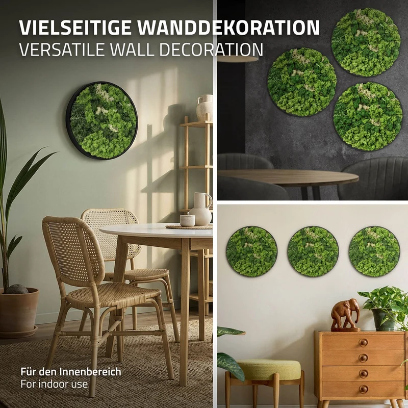 ECD GERMANY | Moosbild mit echtem Islandmoos, Rund, Ø 40 cm, Grün, Mooswand Indoor, Wanddeko mit Holzrahmen, Wandbild, Moos Deko für Haus & Büro