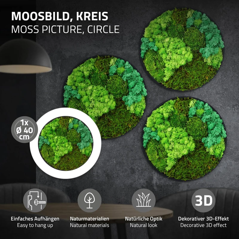 ECD GERMANY | Moosbild mit echtem Kugel-, Island- und Flachmoos-Mix Rund Ø 40 cm Grün Mooswand Indoor Wanddeko Holzrahmen Wandbild für Haus Büro