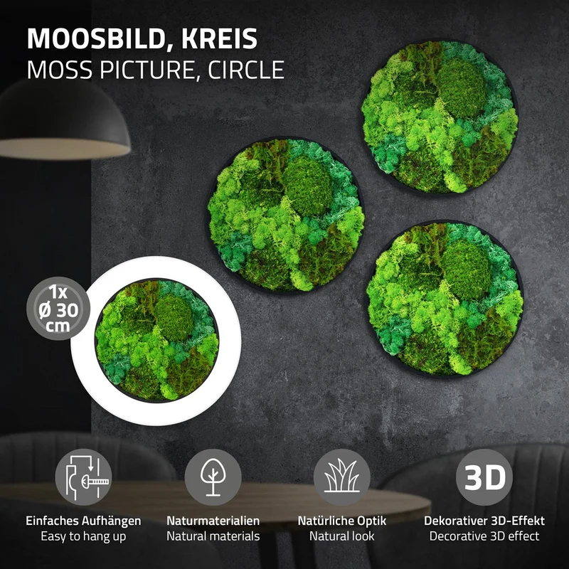 ECD GERMANY | Moosbild mit echtem Kugel-, Island- und Flachmoos-Mix Rund Ø 30 cm Grün Mooswand Indoor Wanddeko Holzrahmen Wandbild für Haus Büro