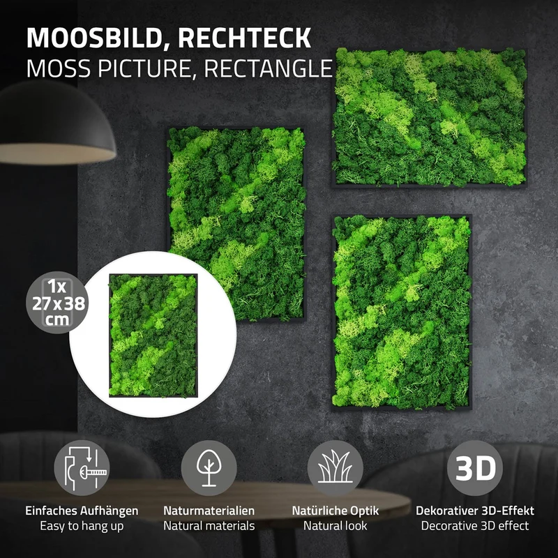 ECD GERMANY | Moosbild mit echtem Islandmoos, Rechteck, 38x27 cm, Grün, Mooswand Indoor, Wanddeko mit Holzrahmen, Wandbild, Moos Deko für Haus & Büro