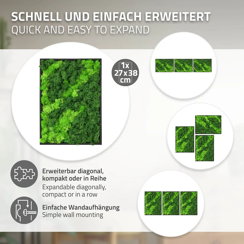 ECD GERMANY | Moosbild mit echtem Islandmoos, Rechteck, 38x27 cm, Grün, Mooswand Indoor, Wanddeko mit Holzrahmen, Wandbild, Moos Deko für Haus & Büro
