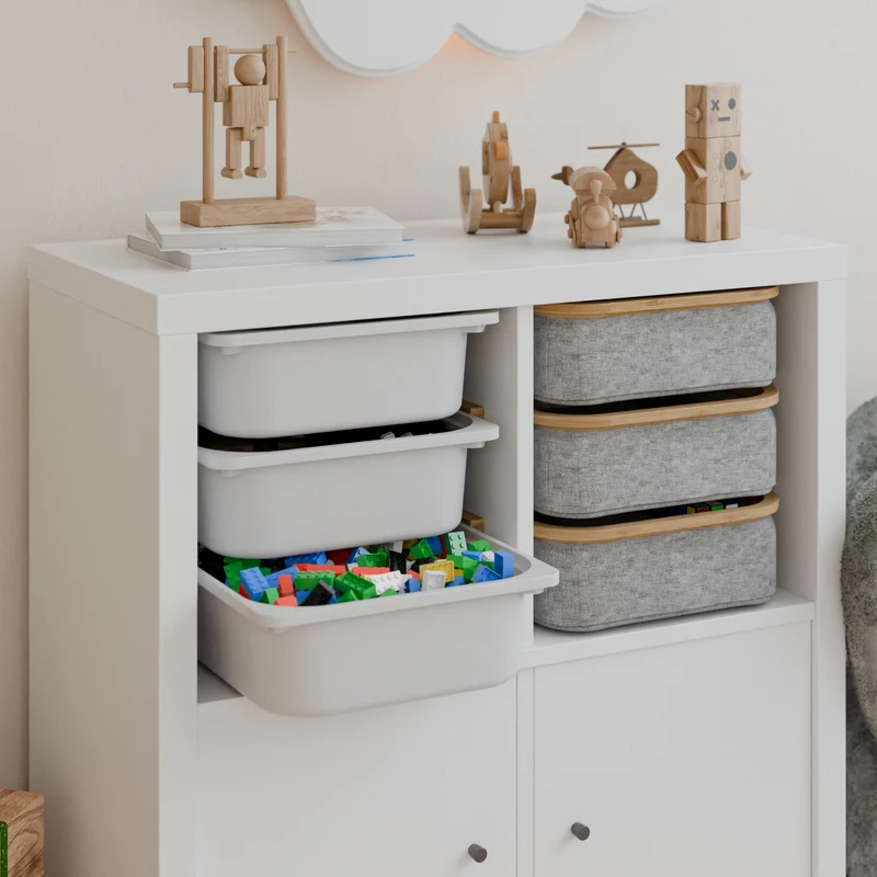 Einsatz für IKEA Kallax Regal, Schienen aus Holz, wahlweise mit passenden Boxen wie Trofast