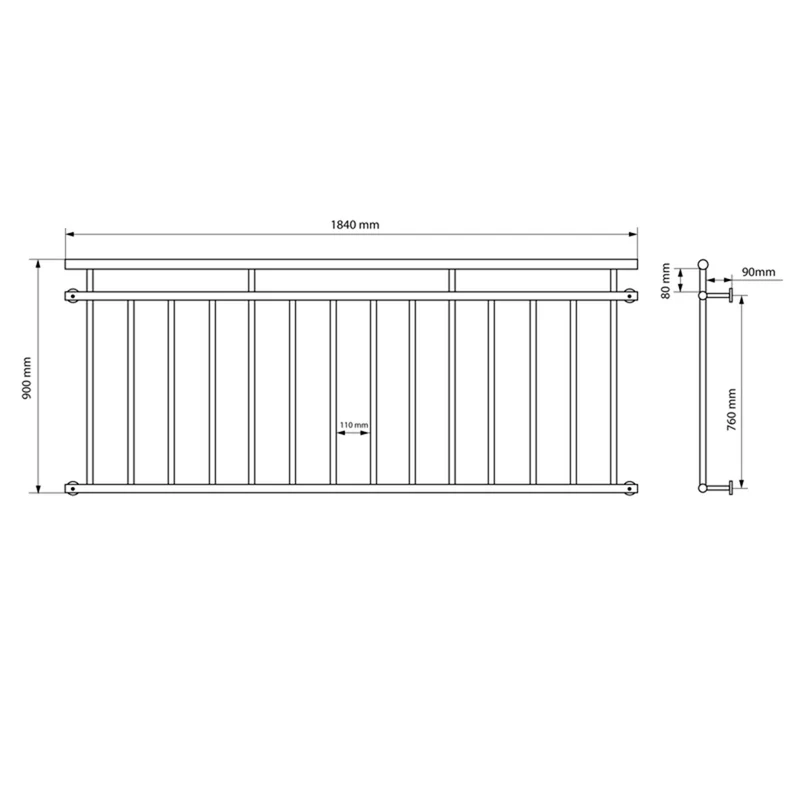 Französischer Balkon glänzend 184x90 cm mit 14 Füllstäben aus Edelstahl