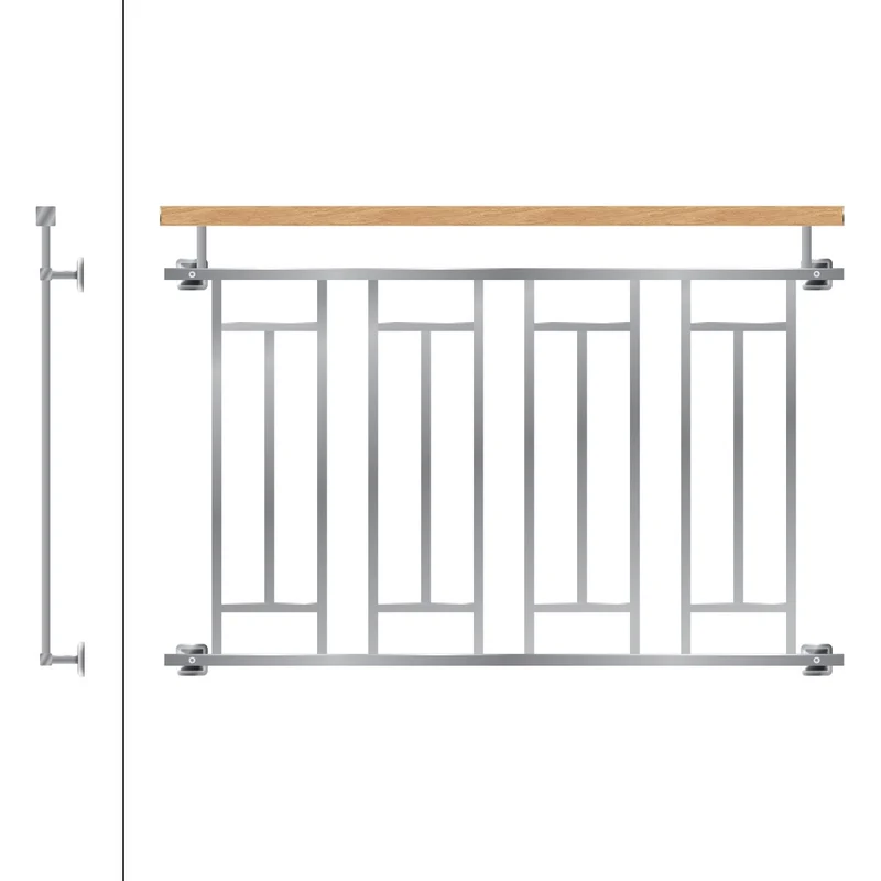 Französischer Balkon Silber 90x128 cm mit 4 Füllelementen, Holzoptik aus Edelstahl