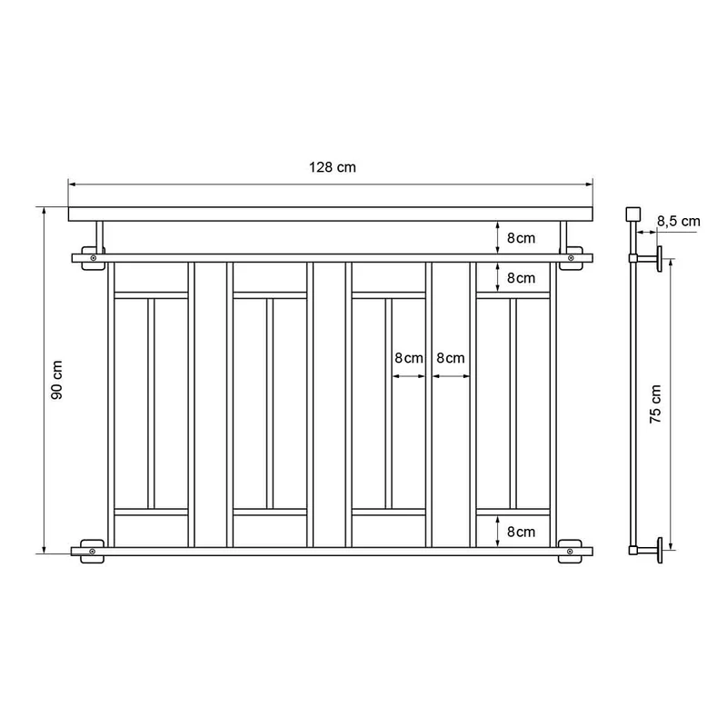 Französischer Balkon Silber 90x128 cm mit 4 Füllelementen, Holzoptik aus Edelstahl