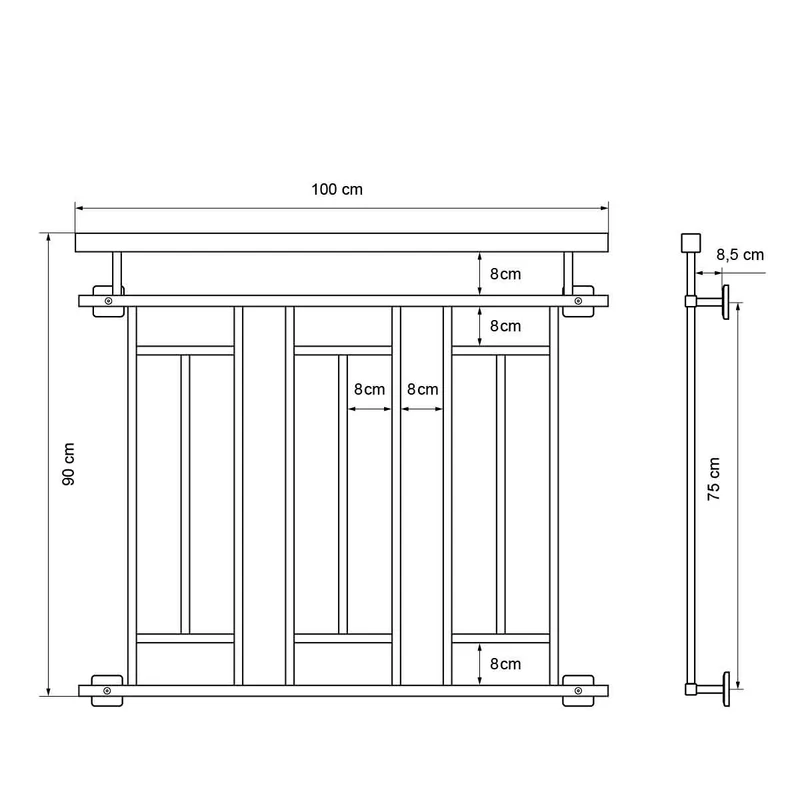 Französischer Balkon Anthrazit 90x100 cm mit 3 Füllelementen, Holzoptik aus verzinkter Stahl