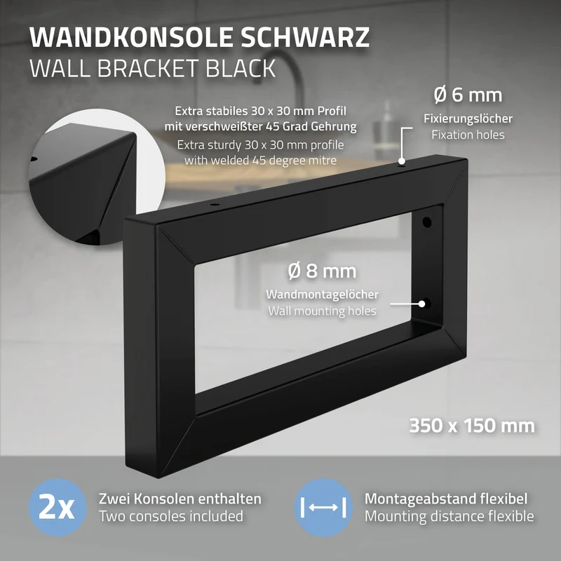 Wandkonsole Regalhalterung 2er Set 350 x 150 mm Schwarz aus Stahl ML-Design