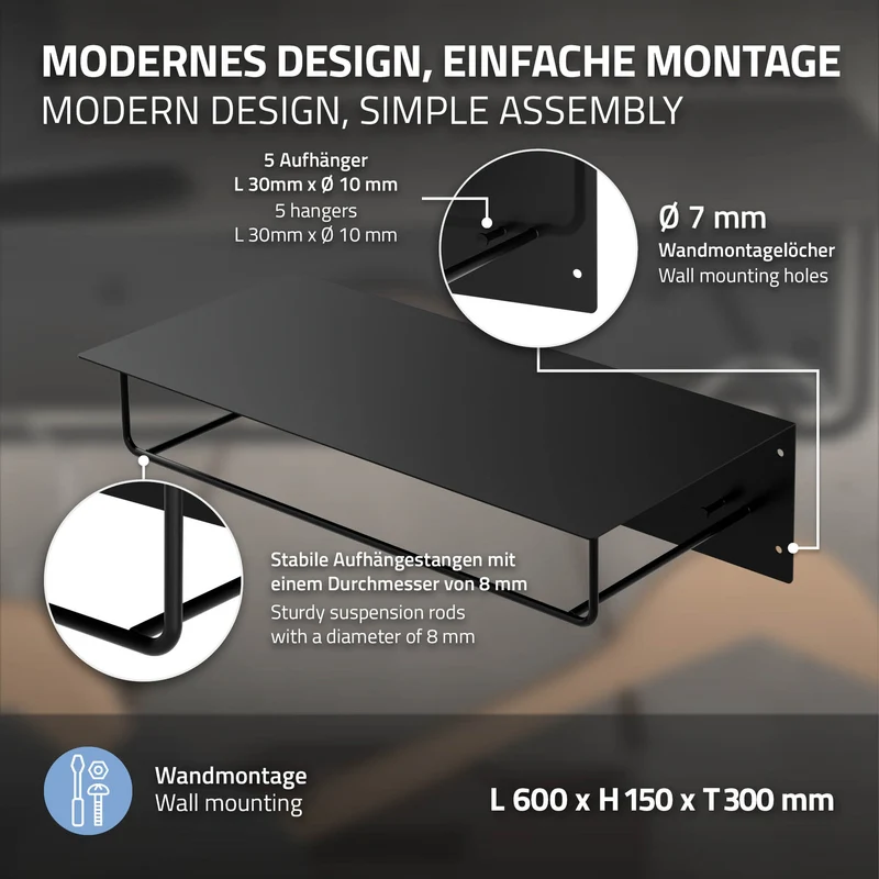 2er Set Kleiderstange Garderobe Wandmontage mit Ablage 60 x 30 x 15 cm Schwarz aus Metall ML-Design