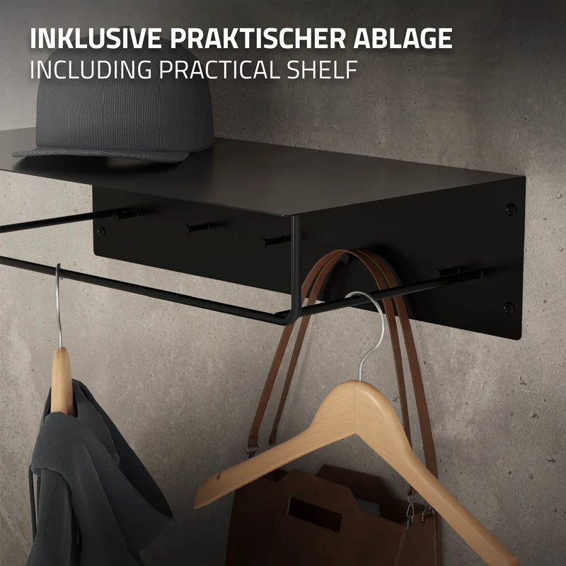 2er Set Kleiderstange Garderobe Wandmontage mit Ablage 60 x 30 x 15 cm Schwarz aus Metall ML-Design