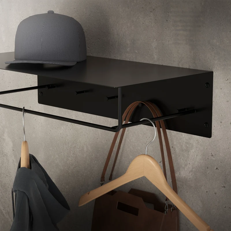 2er Set Kleiderstange Garderobe Wandmontage mit Ablage 60 x 30 x 15 cm Schwarz aus Metall ML-Design