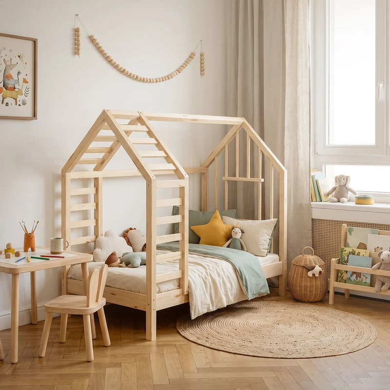 ML-DESIGN | Kinderbett mit Lattenrost aus massivem Kiefernholz Hausbett mit Dach & Fenster Montessori Bettgestell für Mädchen & Jungen