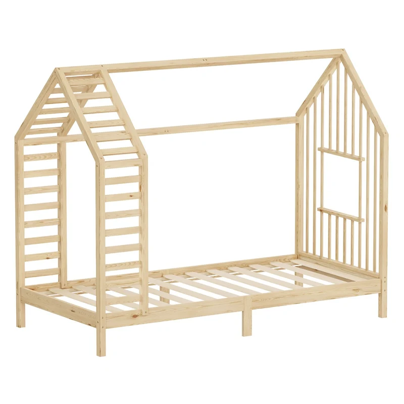 ML-DESIGN | Kinderbett mit Lattenrost aus massivem Kiefernholz Hausbett mit Dach & Fenster Montessori Bettgestell für Mädchen & Jungen