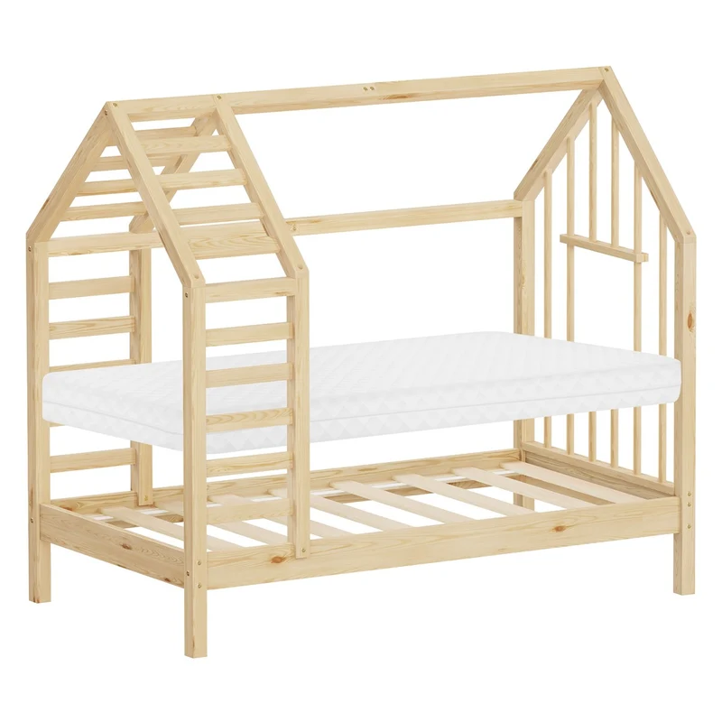 ML-DESIGN | Kinderbett mit Lattenrost aus massivem Kiefernholz Hausbett mit Dach & Fenster Montessori Bettgestell für Mädchen & Jungen