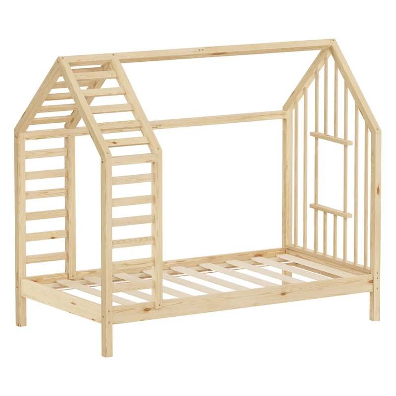 ML-DESIGN | Kinderbett mit Lattenrost aus massivem Kiefernholz Hausbett mit Dach & Fenster Montessori Bettgestell für Mädchen & Jungen