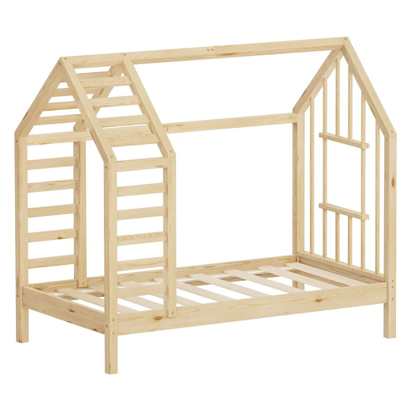 ML-DESIGN | Kinderbett mit Lattenrost aus massivem Kiefernholz Hausbett mit Dach & Fenster Montessori Bettgestell für Mädchen & Jungen
