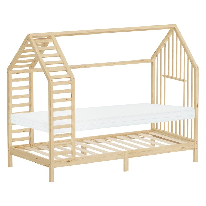 ML-DESIGN | Kinderbett mit Lattenrost aus massivem Kiefernholz Hausbett mit Dach & Fenster Montessori Bettgestell für Mädchen & Jungen