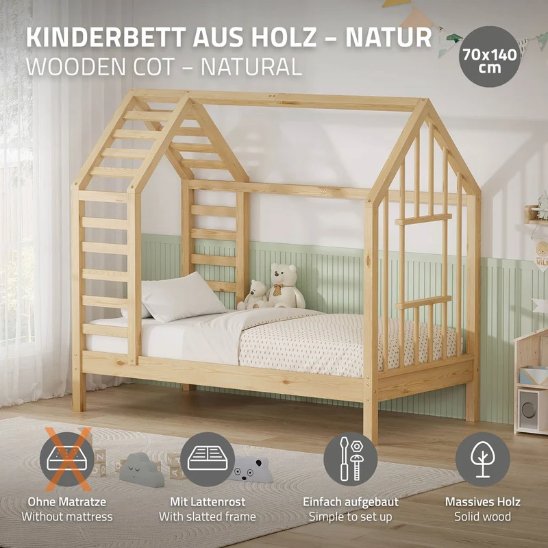 ML-DESIGN | Kinderbett mit Lattenrost aus massivem Kiefernholz Hausbett mit Dach & Fenster Montessori Bettgestell für Mädchen & Jungen