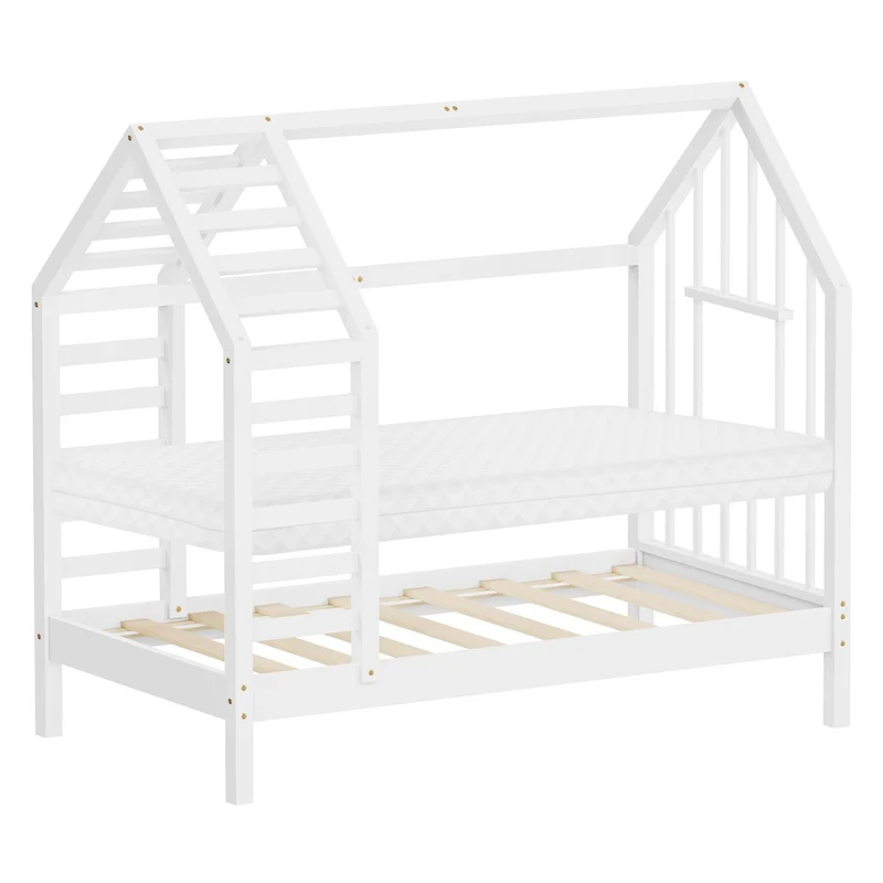 ML-DESIGN | Kinderbett mit Matratze und Lattenrost & Dach aus massivem Kiefernholz 70x140 cm Weiß Hausbett Montessori Bettgestell für Mädchen Jungen