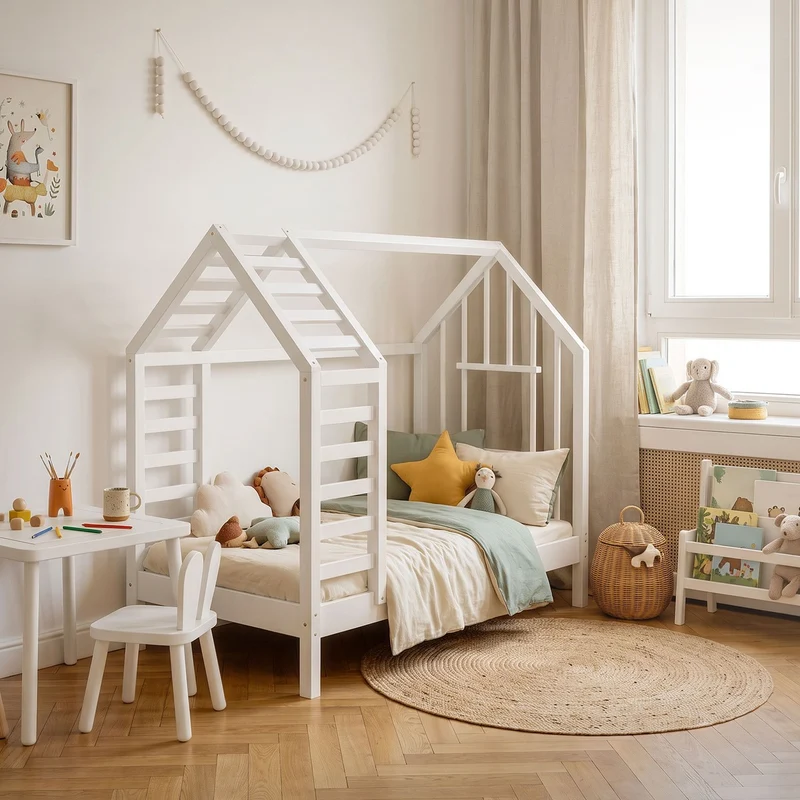 ML-DESIGN | Kinderbett mit Lattenrost aus massivem Kiefernholz Hausbett mit Dach & Fenster Montessori Bettgestell für Mädchen & Jungen