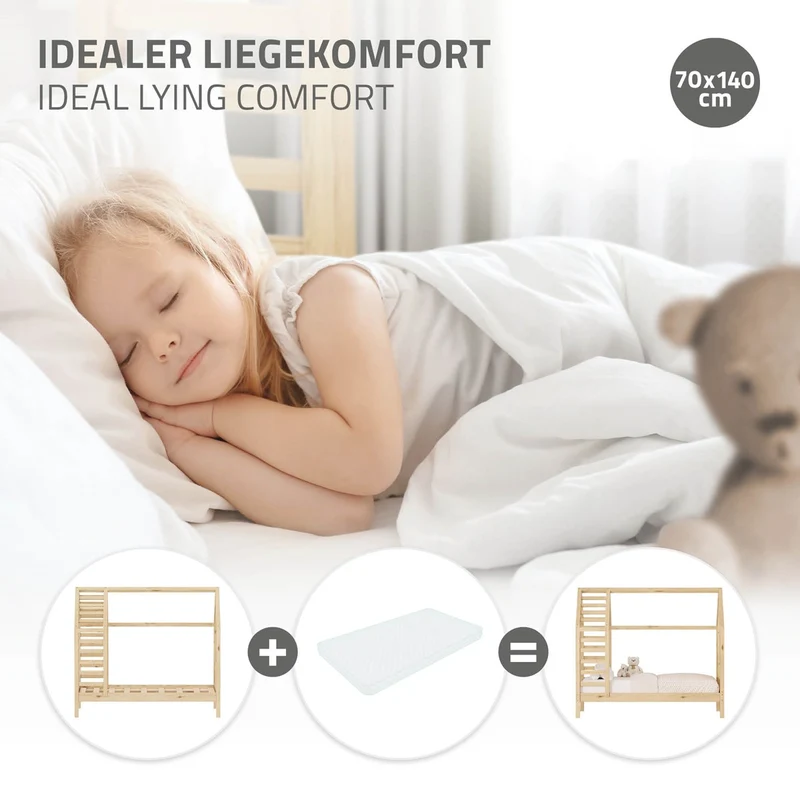 ML-DESIGN | Kinderbett mit Lattenrost aus massivem Kiefernholz Hausbett mit Dach & Fenster Montessori Bettgestell für Mädchen & Jungen