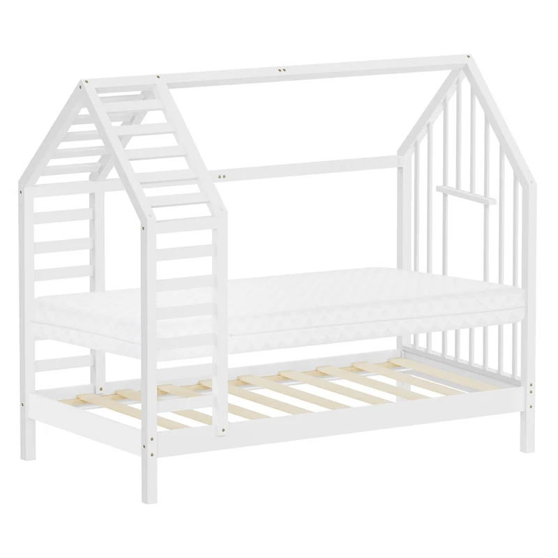 ML-DESIGN | Kinderbett mit Lattenrost aus massivem Kiefernholz Hausbett mit Dach & Fenster Montessori Bettgestell für Mädchen & Jungen