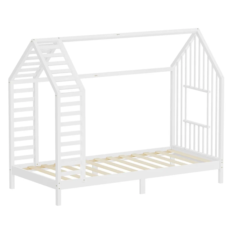 ML-DESIGN | Kinderbett mit Lattenrost aus massivem Kiefernholz Hausbett mit Dach & Fenster Montessori Bettgestell für Mädchen & Jungen