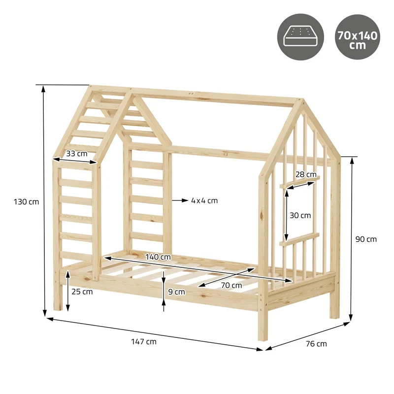 ML-DESIGN | Kinderbett mit Lattenrost aus massivem Kiefernholz Hausbett mit Dach & Fenster Montessori Bettgestell für Mädchen & Jungen