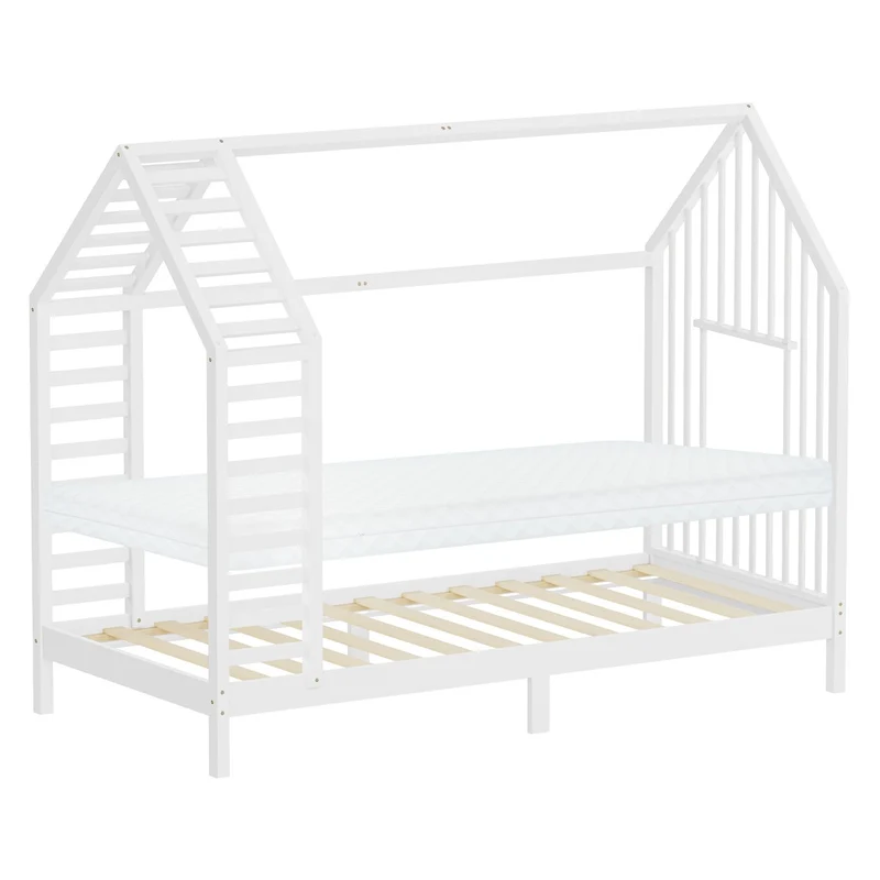 ML-DESIGN | Kinderbett mit Lattenrost aus massivem Kiefernholz Hausbett mit Dach & Fenster Montessori Bettgestell für Mädchen & Jungen