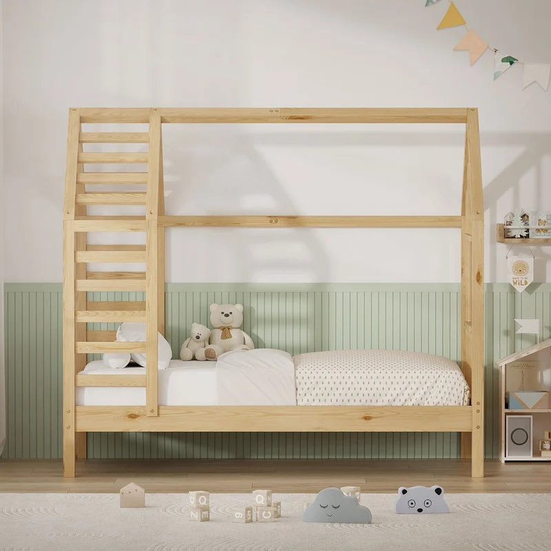 ML-DESIGN | Kinderbett mit Lattenrost aus massivem Kiefernholz Hausbett mit Dach & Fenster Montessori Bettgestell für Mädchen & Jungen