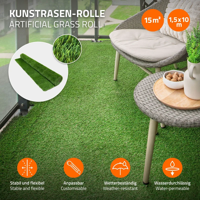 Rasenteppich Kunstrasen-Rolle 150x1000 cm 15m² Grün, wetterfest, 18mm, Grasmatte Meterware, Kunstgras