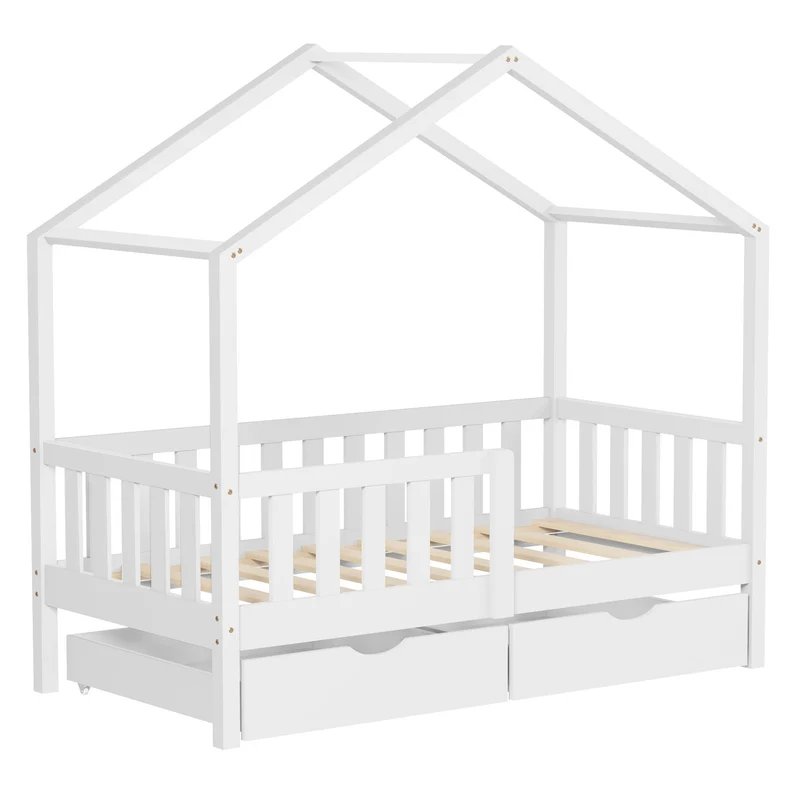 Kinderbett Hausbett mit 2 Schubkasten 70x140 cm Weiß aus Kiefernholz mit Rausfallschutz und Lattenrost ML-Design
