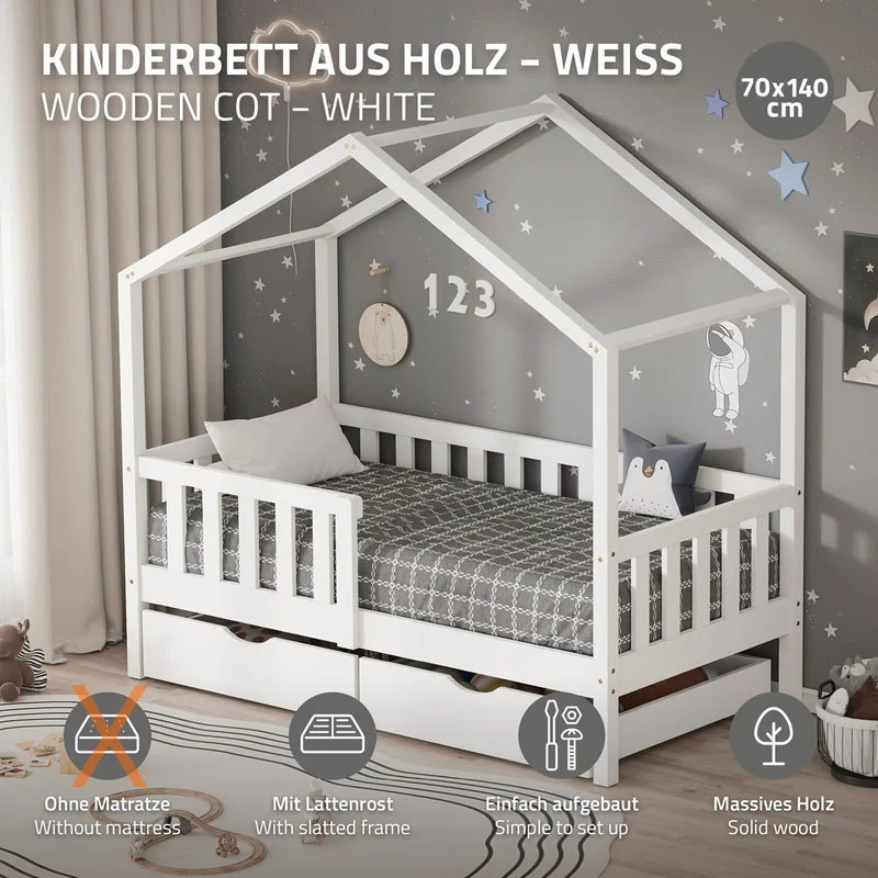 Kinderbett Hausbett mit 2 Schubkasten 70x140 cm Weiß aus Kiefernholz mit Rausfallschutz und Lattenrost ML-Design