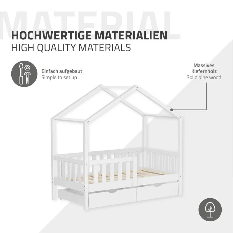 Kinderbett Hausbett mit 2 Schubkasten 70x140 cm Weiß aus Kiefernholz mit Rausfallschutz und Lattenrost ML-Design