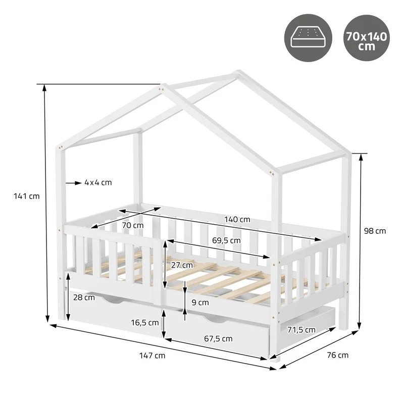 Kinderbett Hausbett mit 2 Schubkasten 70x140 cm Weiß aus Kiefernholz mit Rausfallschutz und Lattenrost ML-Design