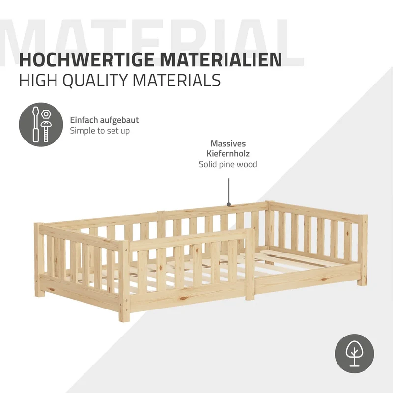 Kinderbett 80x160 cm mit Lattenrost und Rausfallschutz Natur Kiefernholz ML-Design