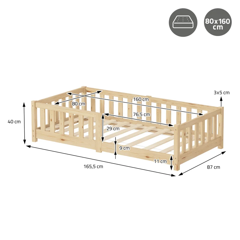 Kinderbett 80x160 cm mit Lattenrost und Rausfallschutz Natur Kiefernholz ML-Design