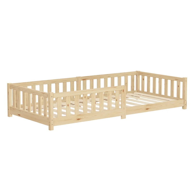Kinderbett 90x200 cm mit Lattenrost und Rausfallschutz Natur Kiefernholz ML-Design
