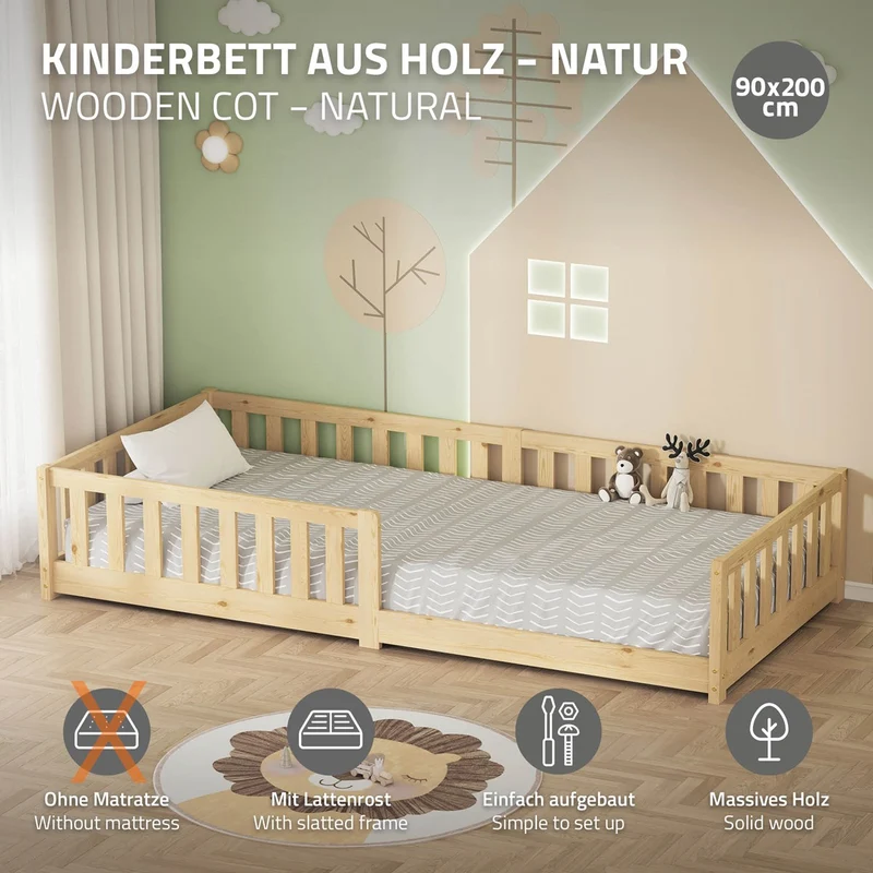 Kinderbett 90x200 cm mit Lattenrost und Rausfallschutz Natur Kiefernholz ML-Design