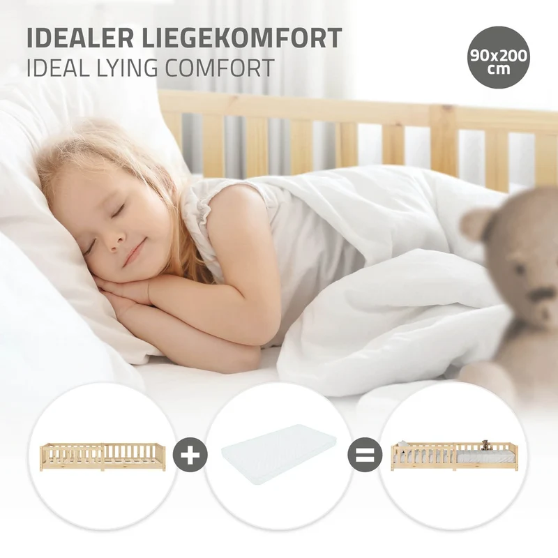 Kinderbett 90x200 cm mit Lattenrost und Rausfallschutz Natur Kiefernholz ML-Design