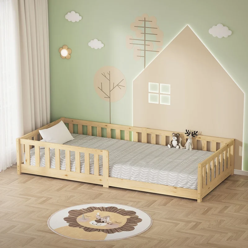 Kinderbett 90x200 cm mit Lattenrost und Rausfallschutz Natur Kiefernholz ML-Design