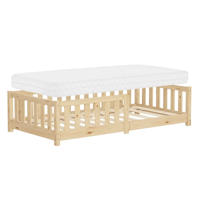 Kinderbett 80x160 cm mit Lattenrost Rausfallschutz und Matratze H-10 cm Natur Kiefernholz ML-Design