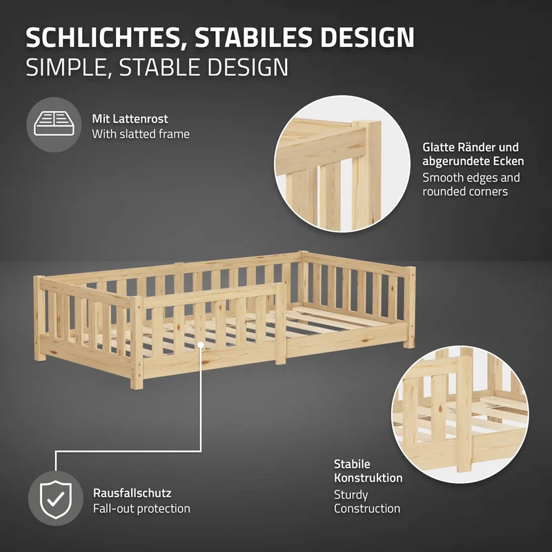 Kinderbett 80x160 cm mit Lattenrost Rausfallschutz und Matratze H-10 cm Natur Kiefernholz ML-Design